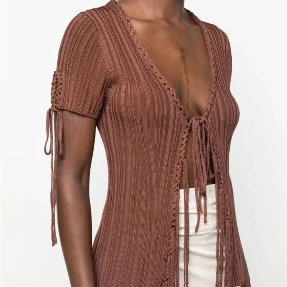 Cult Gaia Chocolate Ribbed Tie-Front Crop Top - Picture 2 of 5
